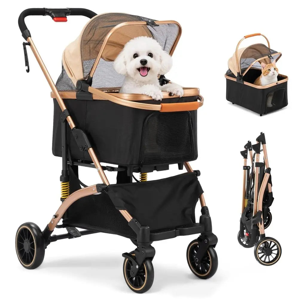 Folding Dog Stroller With Shock Absorbers Removable Storage Basket