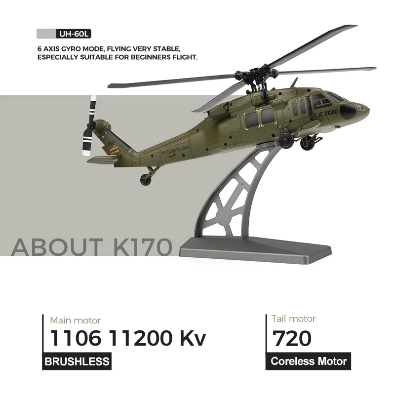 UH-60L Brushless RC Helicopter 4 Channels Remote Control Helicopters with Gyroscope and LED Light Durable Airplane Toy Wltoys K170