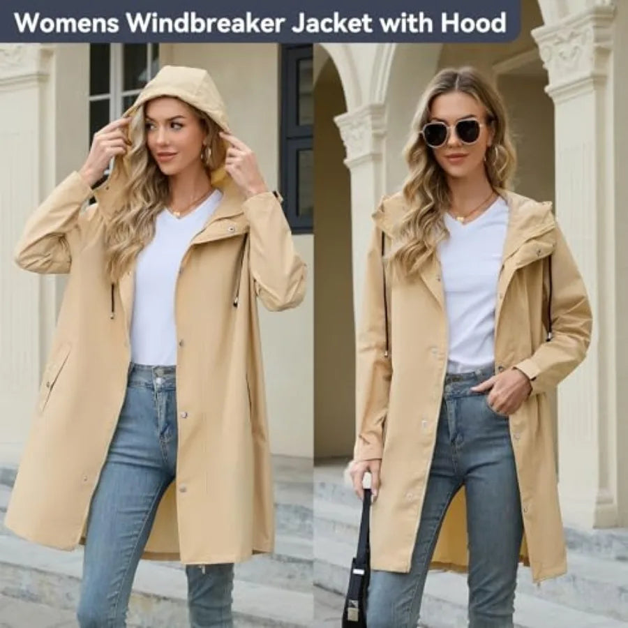 Women Packable Waterproof Rain Jacket With Attached Hood