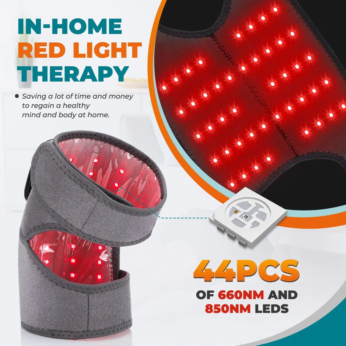 Red Light Knee Wrap with Heating, 660nm & 850nm LED, 5000mAh Battery, 3-in-1 for Knee Shoulder Elbow, Type-C