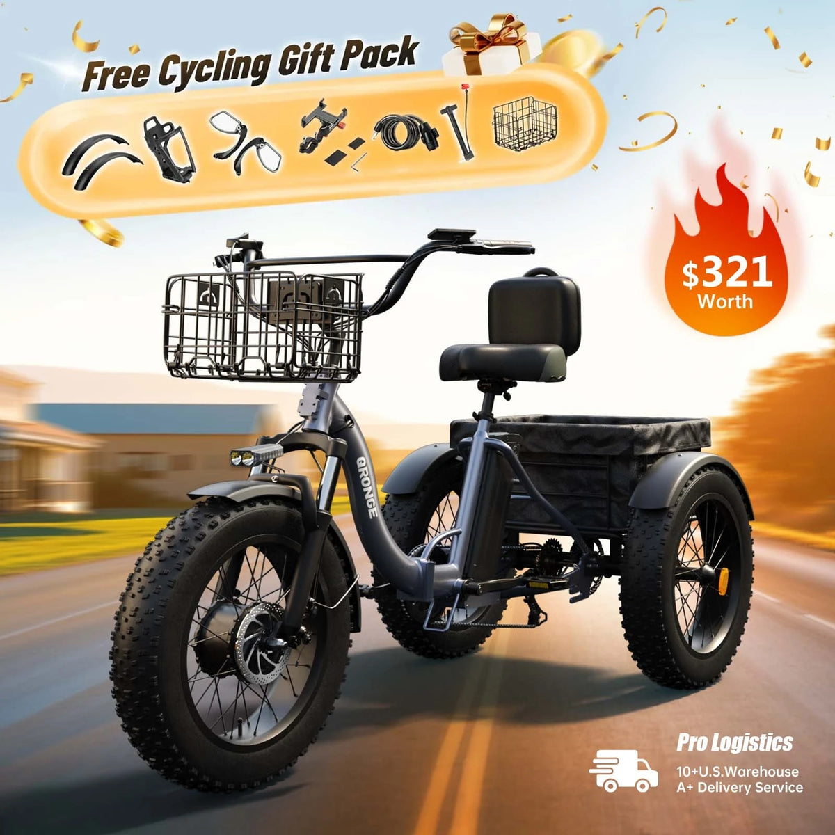 QRONGE Lava Electric Tricycle for Adults 1200W Peak 36V 20AH Battery Ebike 75 Miles Range Max 20MPH 20"*4" Fat Tire Folding E-Trike with Large Basket