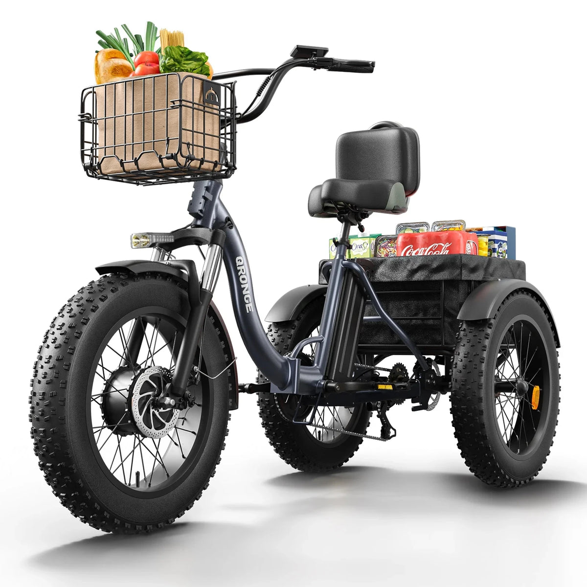 QRONGE Lava Electric Tricycle for Adults 1200W Peak 36V 20AH Battery Ebike 75 Miles Range Max 20MPH 20"*4" Fat Tire Folding E-Trike with Large Basket