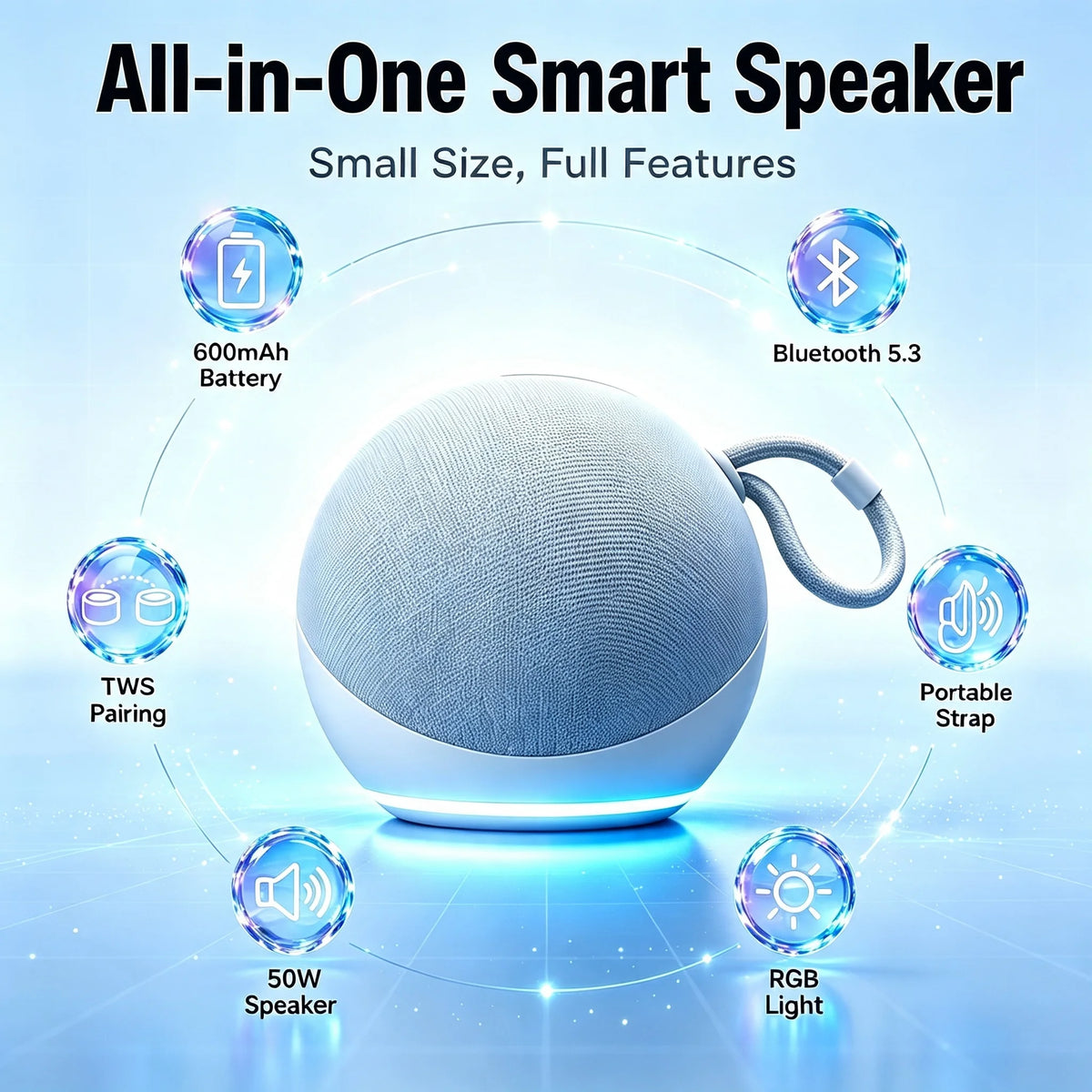 New Generation Alaxe Spherical Speaker(No Voice Assistant) 50W Portable Bluetooth Speaker Party Box RGB LED Lights Wireless TWS Mini Speaker Musical Instrument for Room Decor Home Party Camping