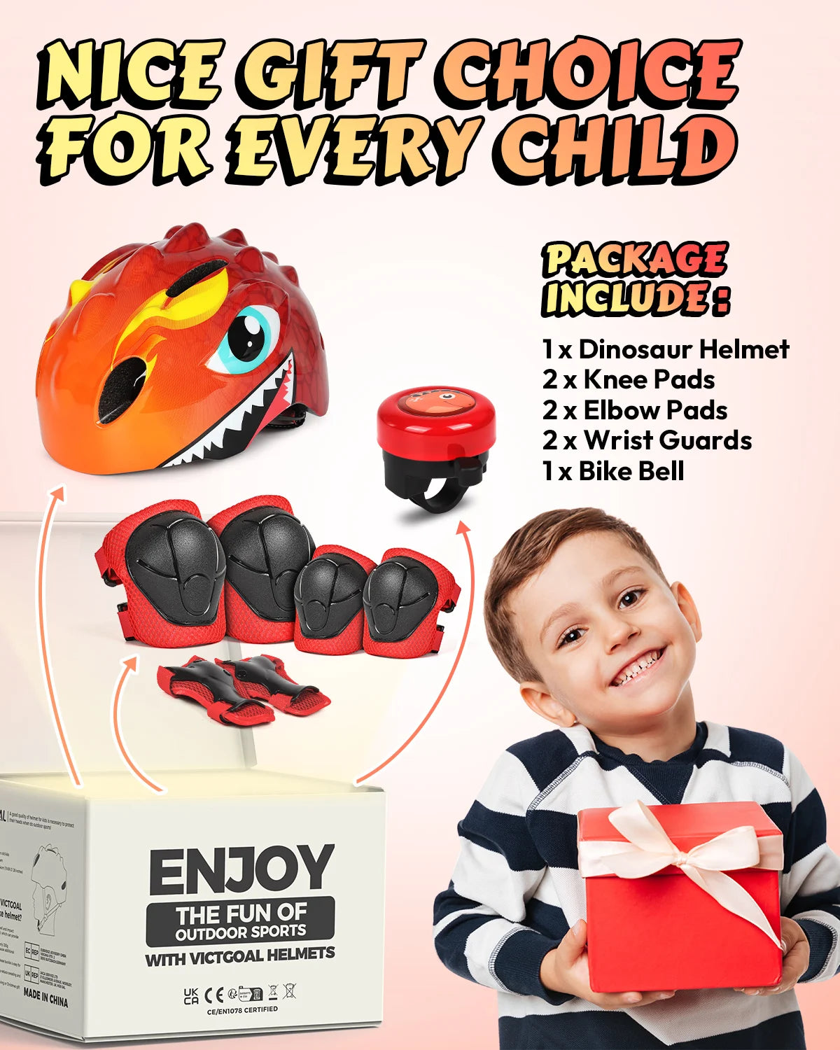 Victgoal Kids Bike Helmet Protective Gear Set With Pads And Bell