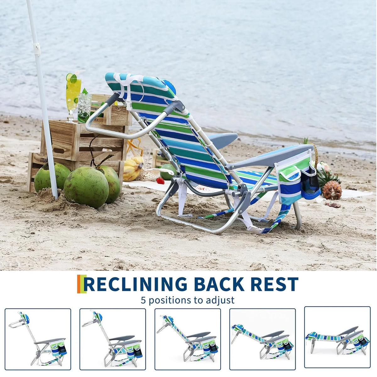 Backpack Beach Chair for Adults,Portable Lay Flat Folding Beach Chair with Adjustable Height,Phone Pocket,Cup Holder & Towel Bar