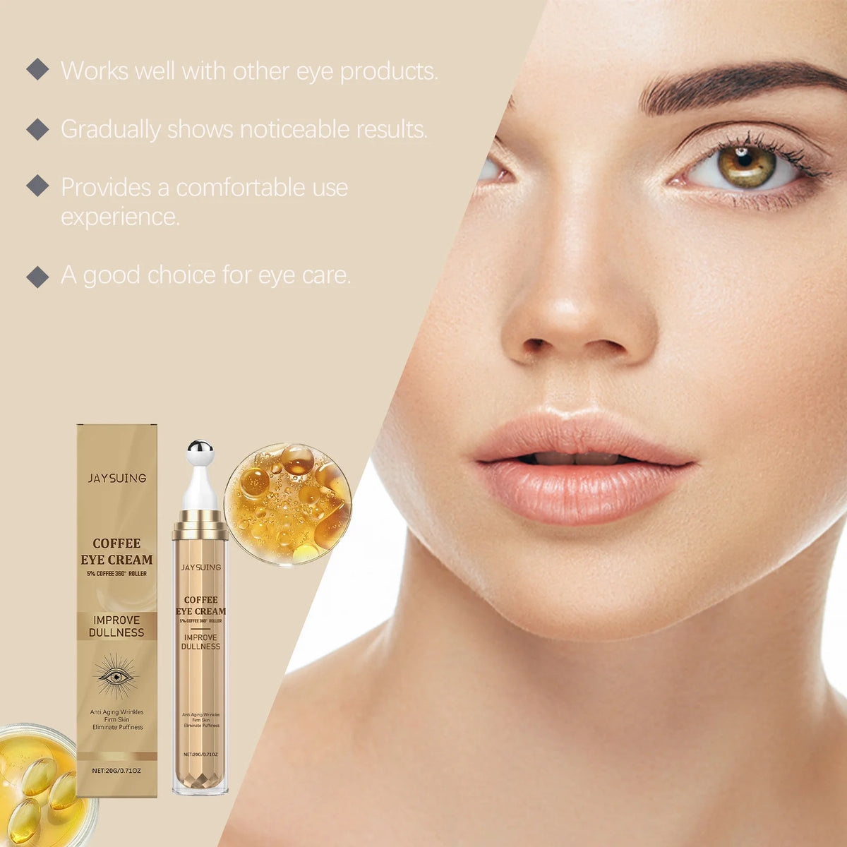 US Local JAYSUING Coffee Eye Cream 20g 360 Roller Rollerball Improve Dullness Anti Aging Anti Wrinkle Firm Skin Reduce Puffiness Daily Eye Care For Women