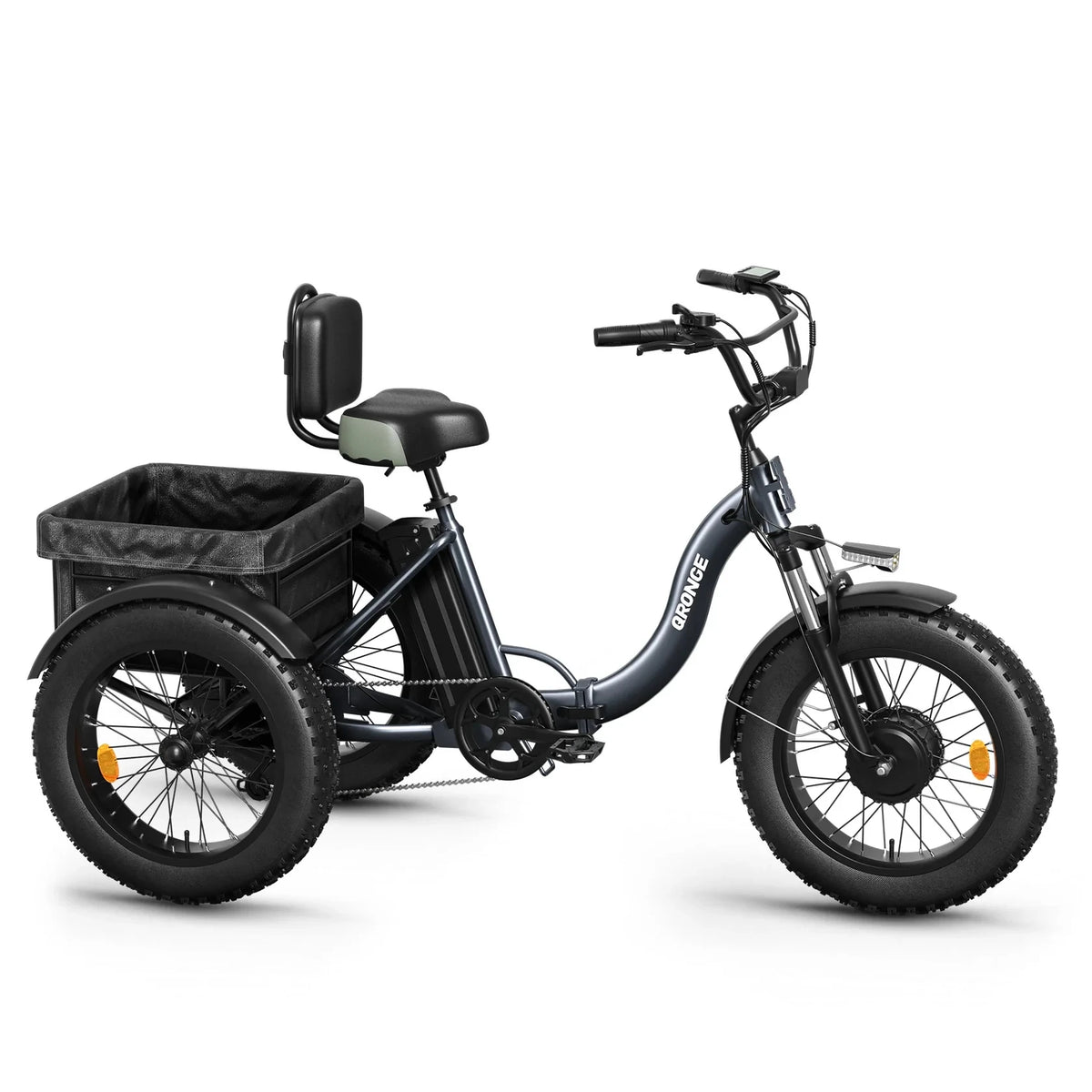 QRONGE Lava Electric Tricycle for Adults 1200W Peak 36V 20AH Battery Ebike 75 Miles Range Max 20MPH 20"*4" Fat Tire Folding E-Trike with Large Basket