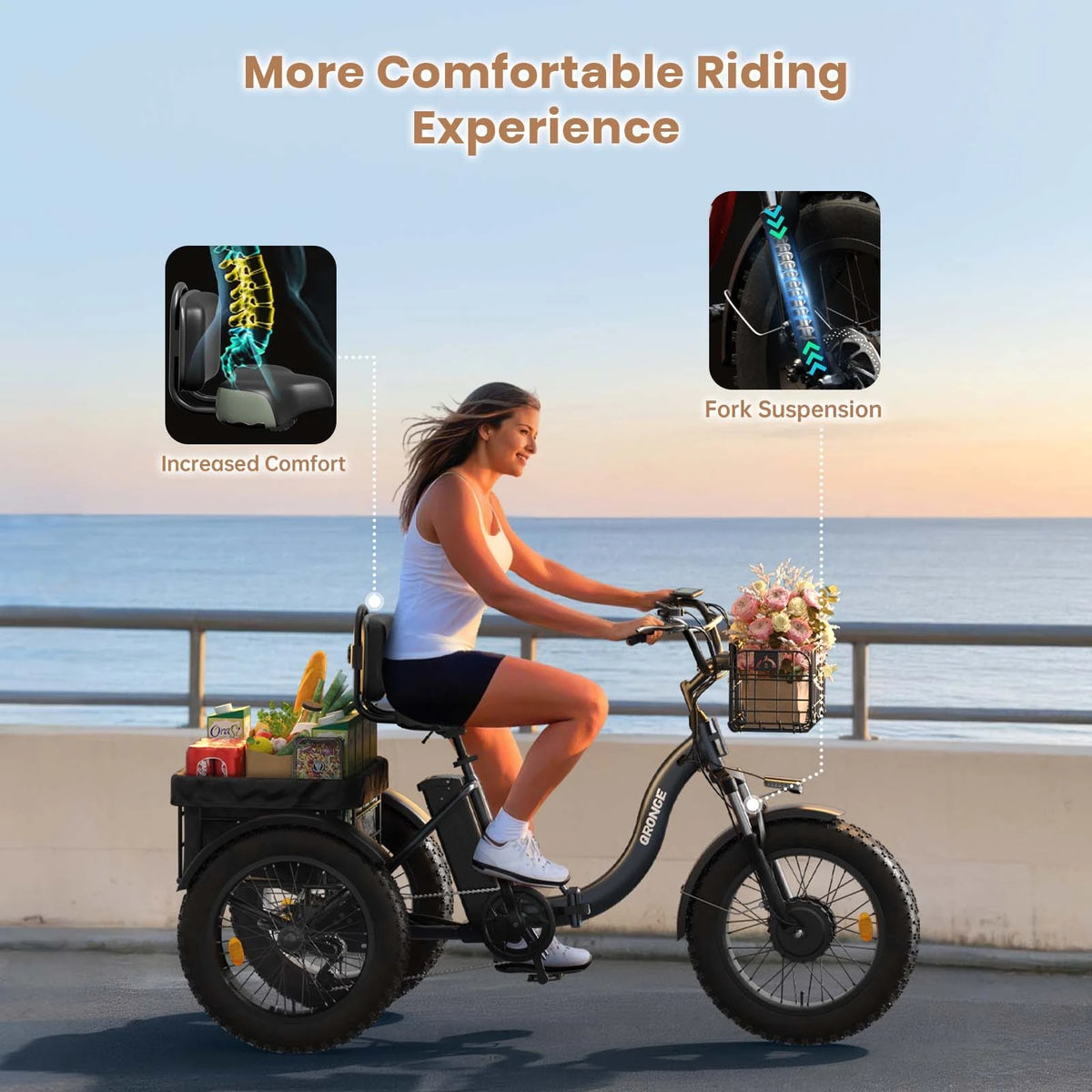 QRONGE Lava Electric Tricycle for Adults 1200W Peak 36V 20AH Battery Ebike 75 Miles Range Max 20MPH 20"*4" Fat Tire Folding E-Trike with Large Basket