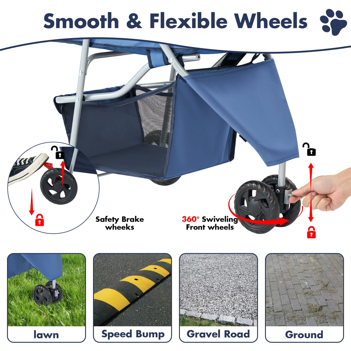 Foldable Pet Stroller For Small Dogs And Cats With Basket