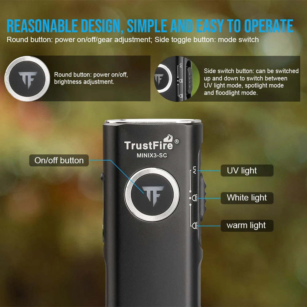 TrustFire Minix3 Sc 3 In 1 Rechargeable UV EDC Flashlight