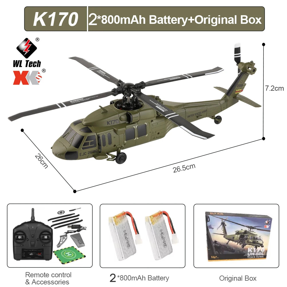 UH-60L Brushless RC Helicopter 4 Channels Remote Control Helicopters with Gyroscope and LED Light Durable Airplane Toy Wltoys K170