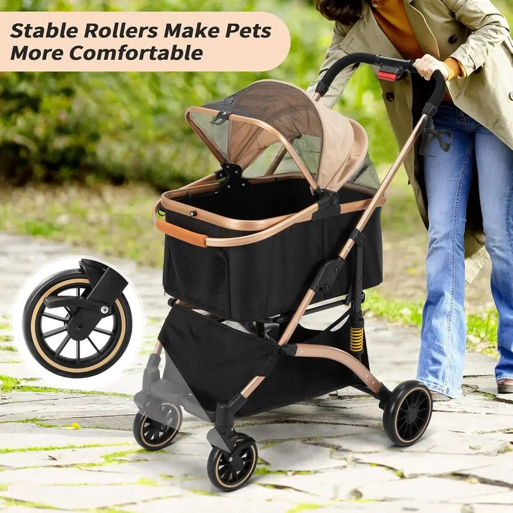Folding Dog Stroller With Shock Absorbers Removable Storage Basket